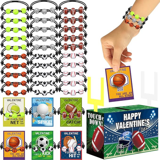 Capoda 36 Pack Valentines Day Sports Gift Set and Valentines Boxes Sports Valentine's Day Cards Adjustable Sport Party Charm Bracelet for Classroom Exchange Prizes Class Party Favors