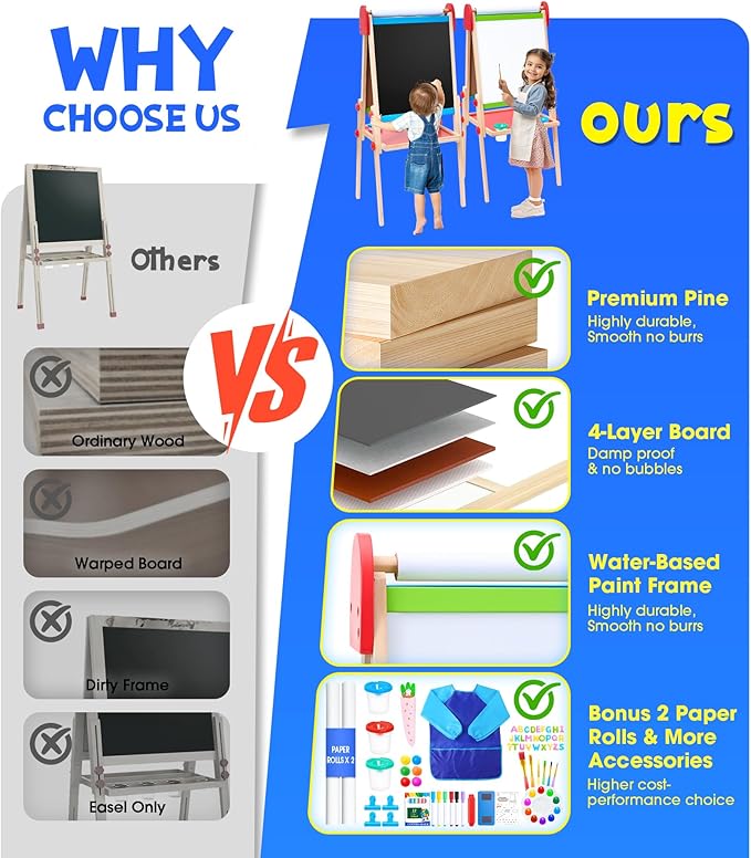Art Easel for Kids, 3 in 1 Adjustable Double Sided Kids Easel with Magnetic Whiteboard, Chalkboard, 2 Paper Rolls and Accessories, All in One Wooden Toddler Easel, Art Easel for Kids Ages 2-4 4-8 8-12
