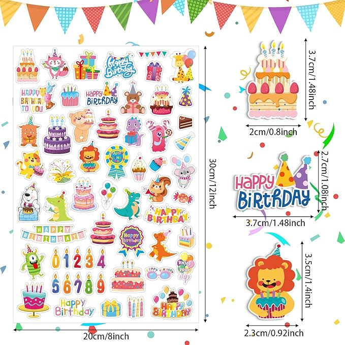 JULBEAR 300 Pieces Happy Birthday Foam Stickers Bulk Self-Adhesive Cute Cartoon Birthday Stickers for Arts Crafts Kids Students Teachers Classroom Reward Gifts Birthday Treat Greeting Card Decoration