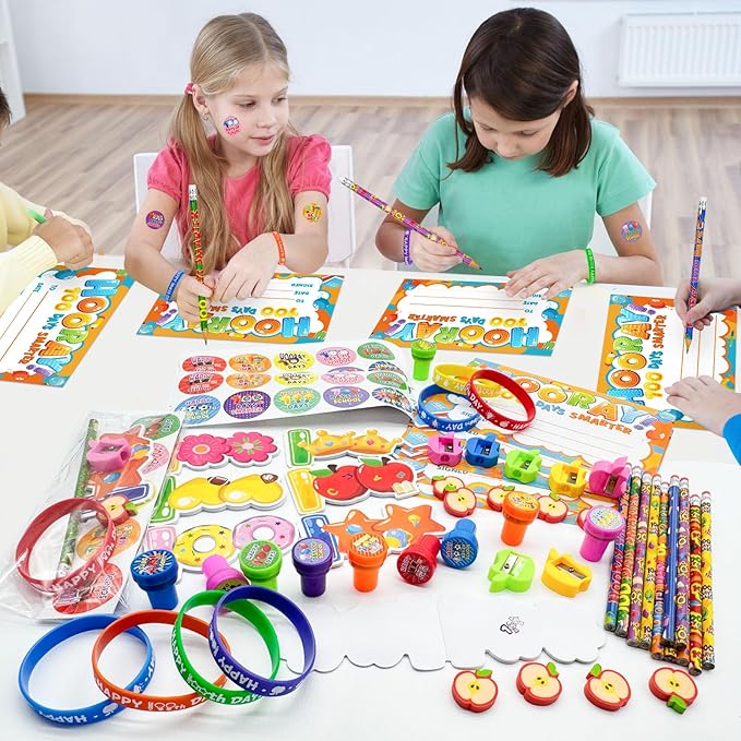 108 Pcs 100 Days of School Awards Set Teacher Favor Gift Kit Include 100th day of school Pencils Bracelets Stickers Certificate Stamp Button Pins for Happy 100 Days of School Party Favors Supplies