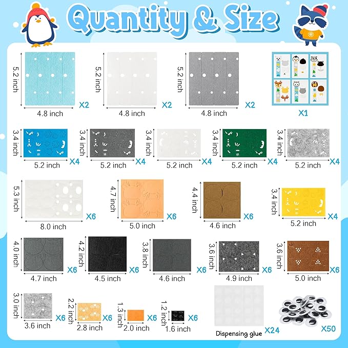 HubirdSall 24 Pack Winter Polar Animals Felt Bookmark Craft Kit, DIY Make Your Own Arctic Animal Bookmarks with Reindeer Walrus Polar Bear Penguins Art Bulk Party Gift Classroom Activities for Kids