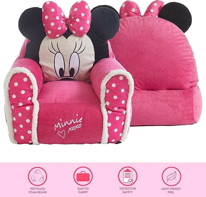 Idea Nuova Minnie Mouse Figural Sherpa Trim Bean Bag Chair, Small, Pink
