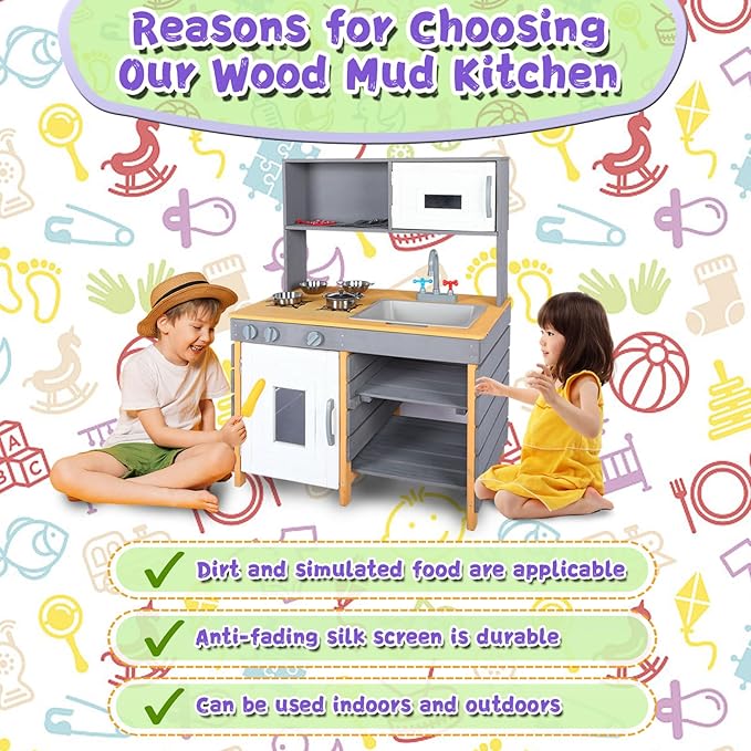 Outdoor Mud Kitchen Playset,Wooden Pretend Play Kitchen w/Water Box & Faucet,Kitchenware, Stove,Play Sink,Storage Shelves,Backyard Garden Worktop Toy Toddler Kitchen for Boys and Girls Ages 3-8