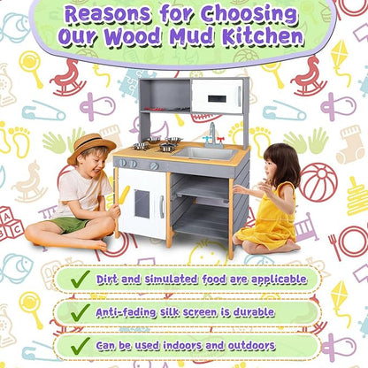 Outdoor Mud Kitchen Playset,Wooden Pretend Play Kitchen w/Water Box & Faucet,Kitchenware, Stove,Play Sink,Storage Shelves,Backyard Garden Worktop Toy Toddler Kitchen for Boys and Girls Ages 3-8