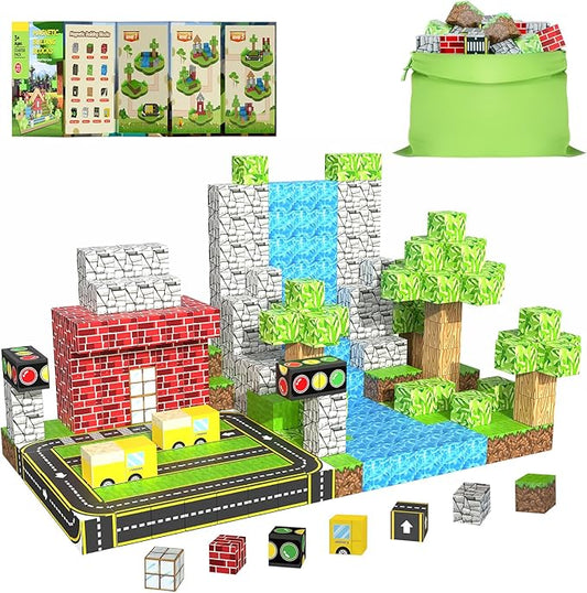100PCS Magnetic Building Blocks for Kids Ages 4-8,Magnet STEM Sensory Toys- Mine World Build Set,Tiles Road Track,Christmas Birthday Gifts Toy
