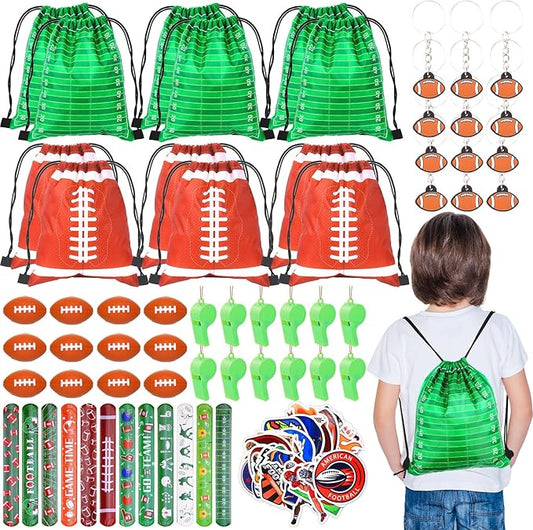 110 Pcs Football Party Favors for Kids 12 Sets Football Party Supplies Drawstring Bag Backpack with Keychains Mini Football Stress Balls Goodie Bag Stickers Toy Presents Gift Set Slaps Bracelets