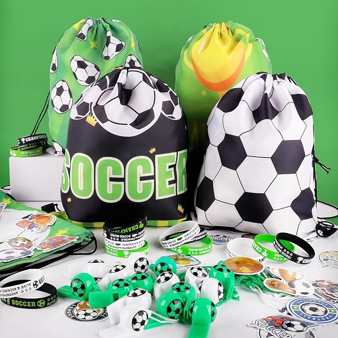 98Pcs Soccer Party Favors, Soccer Drawstring Bags with Silicone Bracelet Soccer Whistles Stickers Soccer Goodie Bags for Soccer Party Decorations Supplies