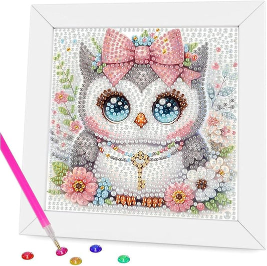 Aestalrcus Diamond Art for Kids Cartoon, Owl Diamond Painting Kits for Kids Ages 4-8-12, Easy Crystal Gem Art for Kid Gift Home Wall Decor 6x6inch(with Frame)
