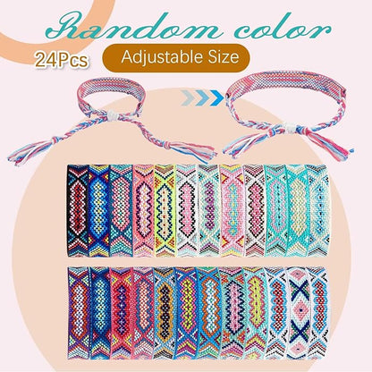 Henoyso 24 Pcs Nepal Woven Friendship Bracelets Adjustable Braided Bracelets Woven Bracelet String Friendship Bracelets with a Sliding Knot Closure for Women