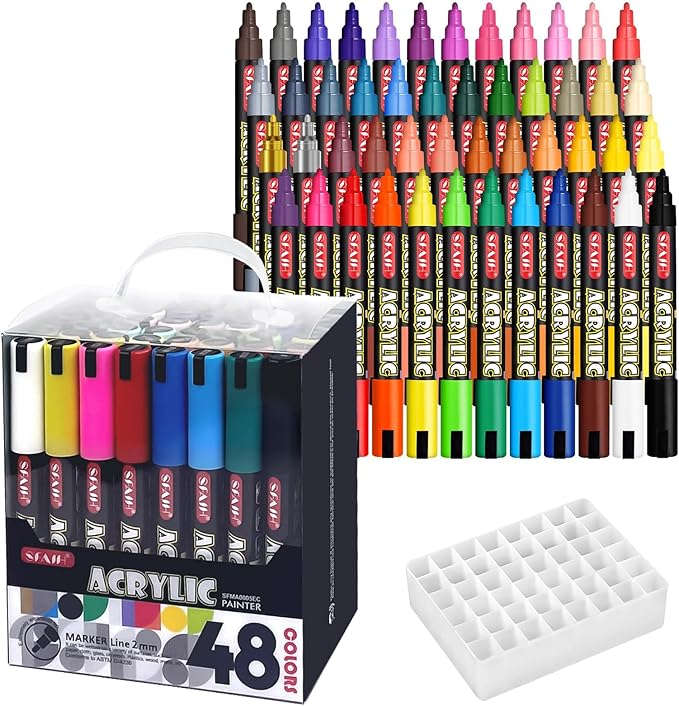 SFAIH Acrylic Creative Markers Set of 48 with Organizer, 3mm Medium Tips, Waterproof, Fast Drying, Holiday Gift Idea - Art Supplies, Fabric Paint, Rock Painting, Art Markers