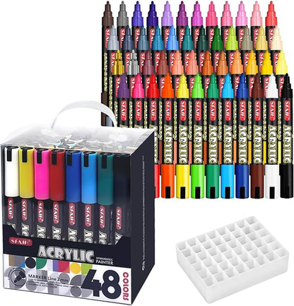 SFAIH Acrylic Creative Markers Set of 48 with Organizer, 3mm Medium Tips, Waterproof, Fast Drying, Holiday Gift Idea - Art Supplies, Fabric Paint, Rock Painting, Art Markers