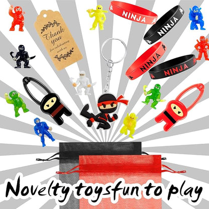 84 Pcs Ninja Party Favors Include 12 Stretchy Flying Ninjas, 24 Mini Ninja Figurines, 12 Ninja Silicone Wristbands, 12 Ninja Keychains, 12 Red and Black Organza Bags and 12 Gift Tags for Birthday