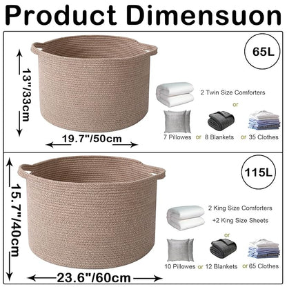 65L Extra Large Woven Cotton Rope Blanket Basket with Handles, Laundry Hamper Storage Bin for Pillows, Comforters,Clothes, Toys, Nursery, Bedroom and Living Room Organization,Brown