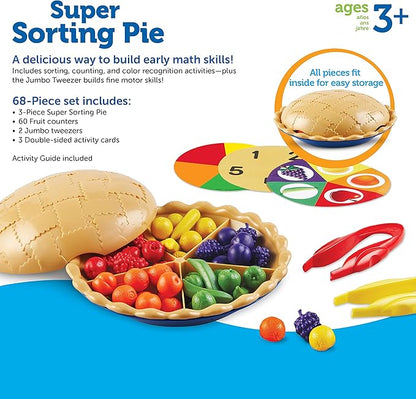 Learning Resources Super Sorting Pie - 68 Pieces, Ages 3+ Toddler Fine Motor Toy, Preschool Learning Games, Develops Counting and Color Recognition, Pretend Play Food, Kids Tweezers