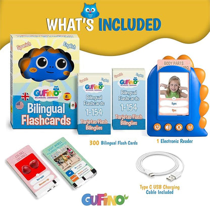 GUFINO Talking Flash Cards – 300 Spanish Flashcards for Kids for Cognitive Abilities & Boost Language Development – Learning Games, Blue Toddler Boy Gifts. See and Say Toys for Toddlers
