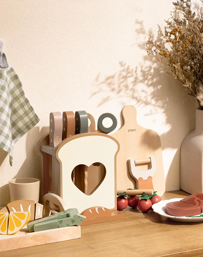 ROBUD 16pcs Kids Play Kitchen Knife Set - Wooden Cooking Playset, Montessori-Inspired Pretend Kitchen Toys for Toddlers, Role Play Gift for Boys and Girls