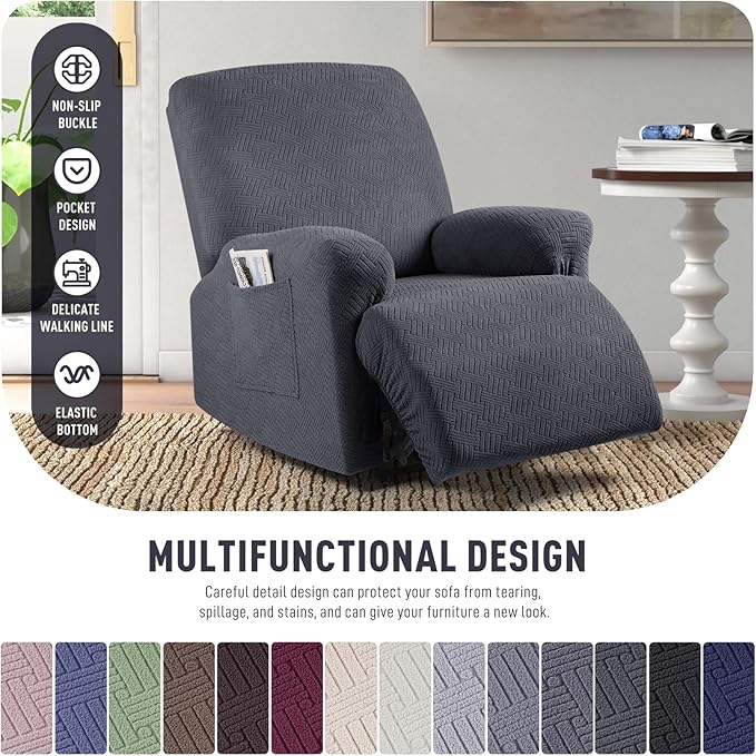 KinCam Recliner Covers, Stretch Reclining Chair Covers, Recliner Sofa Slipcovers Stripe Jacquard Recliner Couch Covers Furniture Protector Covers for Pet Kid (1 Seater, Deep Gray)