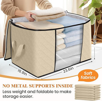 Fab totes 24 Gallons Clothes Storage, Foldable Thick Fabric Blanket Storage Bags, Containers for Organizing Bedroom, Closet, Clothing, Comforter, Organization with Handle (3 Pack,Beige)