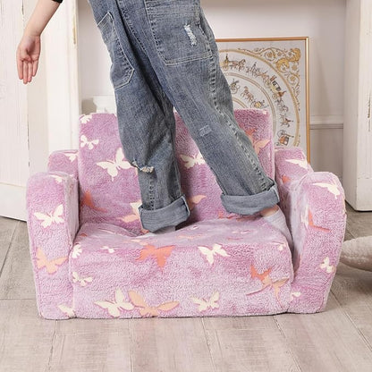 Butterfly Glow in The Dark Toddler Couch, 2-in-1 Toddler Soft Couch Fold Out with Star Pillow, Convertible Sofa to Lounger for Girls and Boys, 1-Seat