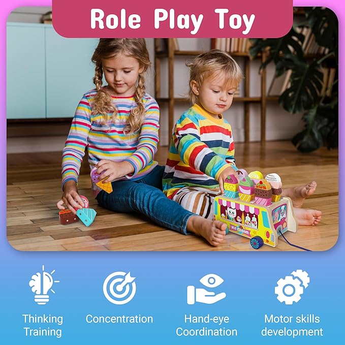 Tamy&Zee Wooden Ice Cream Truck, 27 pcs Magnetic Ice Cream Pretend Play Food & Accessories, Montessori Sorting & Stacking Toys for Toddler Girls & Boys Age 3+…