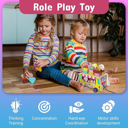 Tamy&Zee Wooden Ice Cream Truck, 27 pcs Magnetic Ice Cream Pretend Play Food & Accessories, Montessori Sorting & Stacking Toys for Toddler Girls & Boys Age 3+…