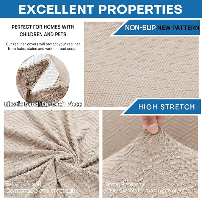 XINEAGE 4 Pieces Recliner Cover Stretch Jacquard Recliner Chair Covers Soft Recliner Slipcovers with Pocket for Kids and Pets, Washable Couch Cover (Recliner, Khaki)