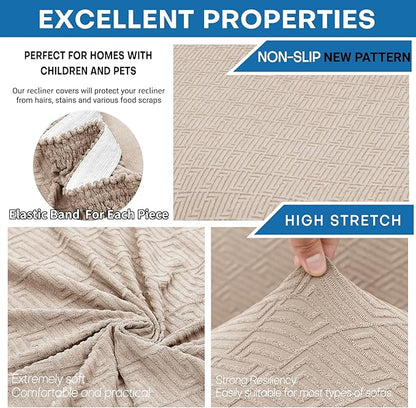 XINEAGE 4 Pieces Recliner Cover Stretch Jacquard Recliner Chair Covers Soft Recliner Slipcovers with Pocket for Kids and Pets, Washable Couch Cover (Recliner, Khaki)