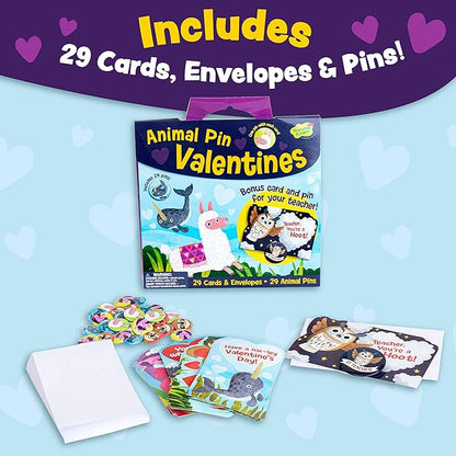 Peaceable Kingdom Valentines Cards for Kids Classroom, Set of 28 Valentines Day Gifts - Animal Pins