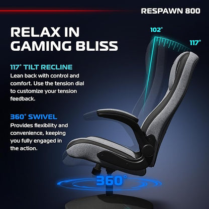 RESPAWN 800 Gaming Chair Floor, Swivel Rocker Gaming Chair, High Back Ergonomic Floor Gaming Chair for Kids and Adults, Gaming Recliner, Floor Rocker Chair with Armrests - Grey Fabric