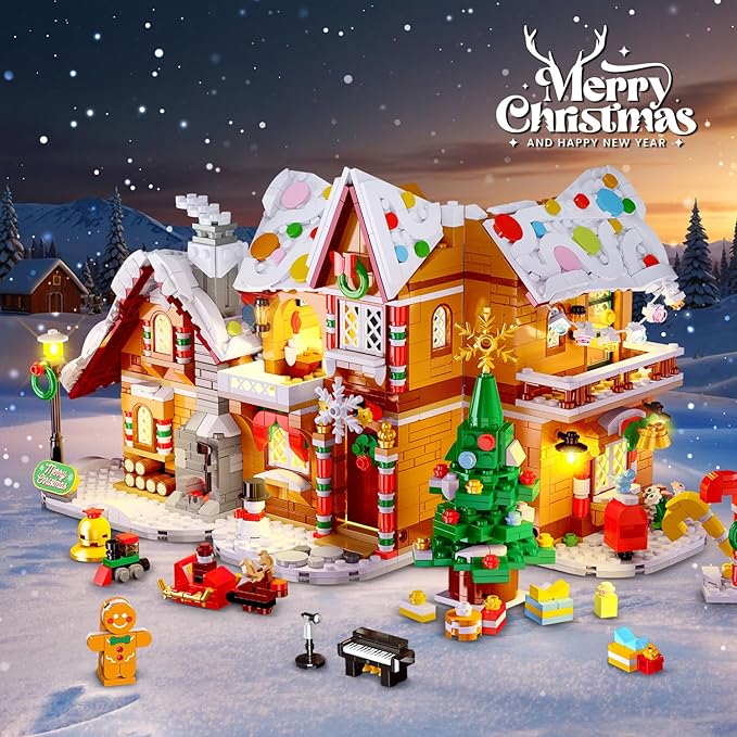 3 Style Christmas Gingerbread House Building Set with LED Light - 2024 Snowscape Village House Building Block Toy with Santa Claus Xmas Tree Train Gifts for Adults Kids Girls Boys Ages 8+ (1397 PCS)