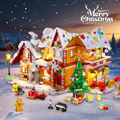 3 Style Christmas Gingerbread House Building Set with LED Light - 2024 Snowscape Village House Building Block Toy with Santa Claus Xmas Tree Train Gifts for Adults Kids Girls Boys Ages 8+ (1397 PCS)