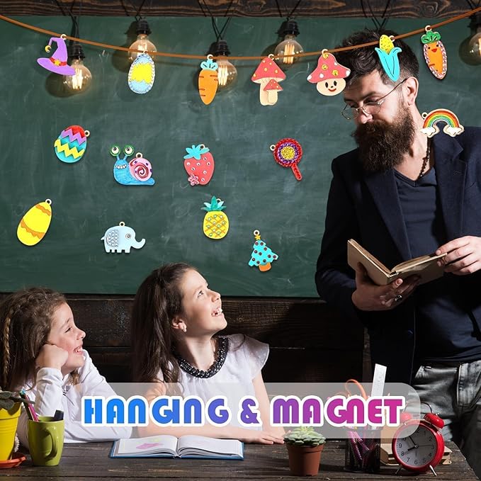 36 Pcs Wooden Magnets DIY Kit Wooden Art Craft Hanging Ornament Painting Craft Kit Gifts for Kids Boy Girl Easter Crafts Toys Basket Goodie Bag Stuffers