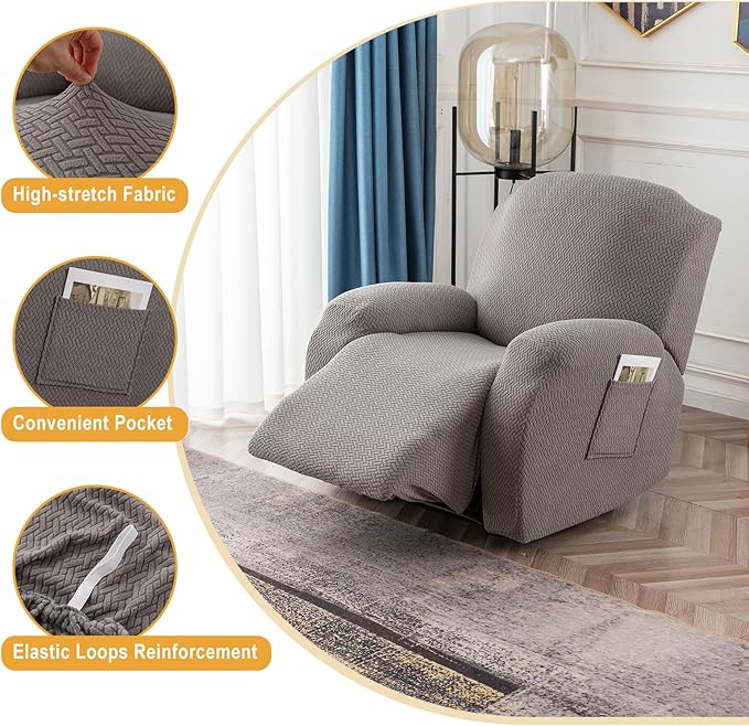 Genina Recliner Chair Covers, Stretch Reclining Chair Covers, Recliner Sofa Slipcovers Stripe Jacquard Lazy Couch Covers Furniture Protector Covers for Pet Kid (Light Grey, 1 Seat)