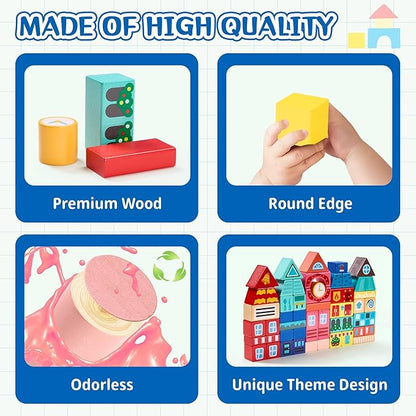 VigorFun 100 PCS Wooden Building Blocks Set - City Builder Stacking Toy with Storage Bag, Montessori Preschool Toys for Kids Toddlers Birthday Gifts Ages 3+