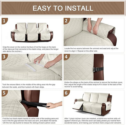 KinCam Waterproof Recliner Sofa Cover, Non-Slip Reclining Couch Covers for 3 Seat, Recliner Couch Cover Furniture Protector with Elastic Straps for Pets, Kids, Ivory