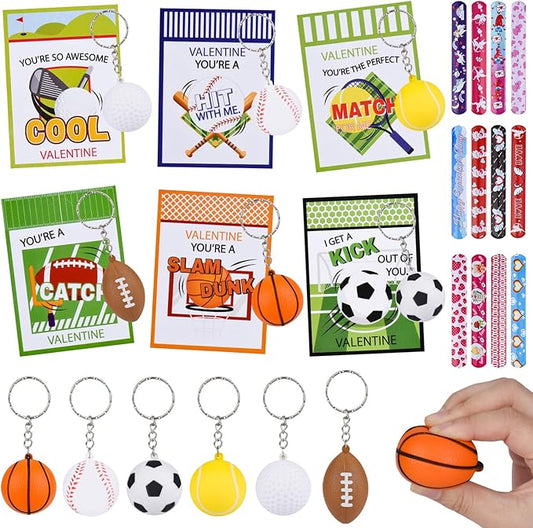 Valentines Gifts for Kids,24Pack Valentines Day Cards for Kids School with Stress Ball Keychain for Valentines Sports Party Favors Kids Classroom Prize Gift Exchange Class Valentines