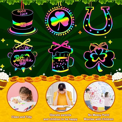 JULMELON 36 PCS St Patricks Day Scratch Art for Kids, St. Patrick’s Day Crafts for Kids Rainbow Color Magic Scratch Paper Cards Shamrock Hanging Ornaments DIY Crafts Decorations Party Favors