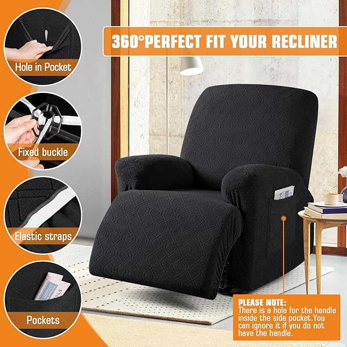 VANSOFY Recliner Chair Cover, 3-Pieces Stretch Recliner Covers for Recliner Chair Soft Reclining Chair Slipcover Furniture Protector for Dogs Cats(Black)