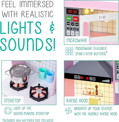 Lil' Jumbl Kids Wooden Pink Color Kitchen Set, Pretend Working Sink with Real Running Water, Includes Range Hood, Microwave & Stove Top That Make Realistic Sound & Light, Full Accessory Set Included