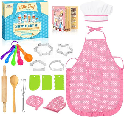 Kids Apron Kitchen Toys 20Pcs: Educational Toys Cooking Baking Set with Cookbook, Kids Chef Hat Role Play Dress up Clothes, Ideal Easter Birthday Toys Gift for 3-8 Year Old Girl Toddlers