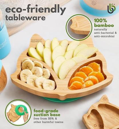 Bamboo Baby Plate with Suction - Kids and Toddler Suction Cup Plate for Babies, Non-Toxic All-Natural Bamboo Baby Food Plate Stays Cool to The Touch for Baby-Led Weaning (Fox-Pink)