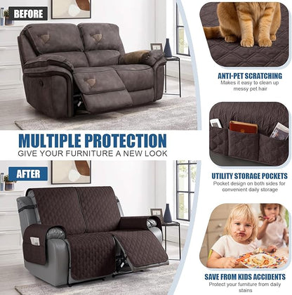 TAOCOCO 100% Waterproof Recliner Covers, Recliner Sofa Covers with Leg Straps, Reversible Recliner Couch Cover for Reclining Chair, Washable Couch Protector for Pets Kids(2 Seater, Chocolate)