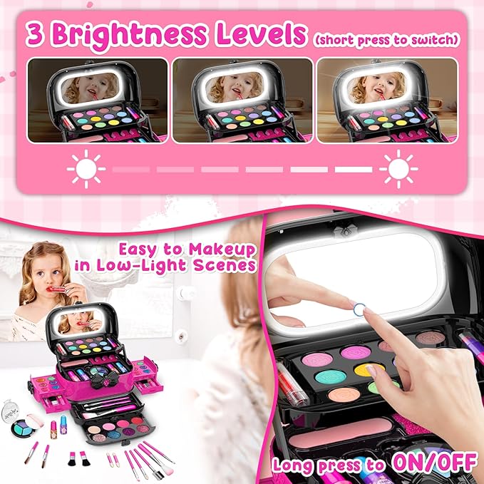 58Pcs Kids Makeup Kit for Girl - Real Washable Cosmetic Set with Light Up Mirror - Kids Makeup Sets for Girls -Play Make Up Birthday for Age 3 4 5 6 7 8 9 10 11 12 Years Old Kid -Rose