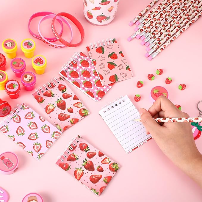 Colarr 161 Pcs Strawberry Party Favors School Stationery Set Includes Gift Cup Notebook Pencil Sharpener Eraser Keychain Stamp Slap Bracelet Sticker Card Valentine's Day gift for kids Child Supplies