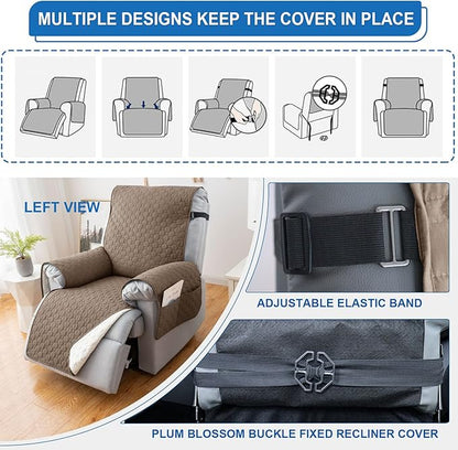100% Waterproof Recliner Chair Covers That Stay in Place, Non Slip Recliner Cover with 5 Pockets, Elastic Straps, Washable Reclining Chair Protector for Kids, Pets, Dogs, Khaki