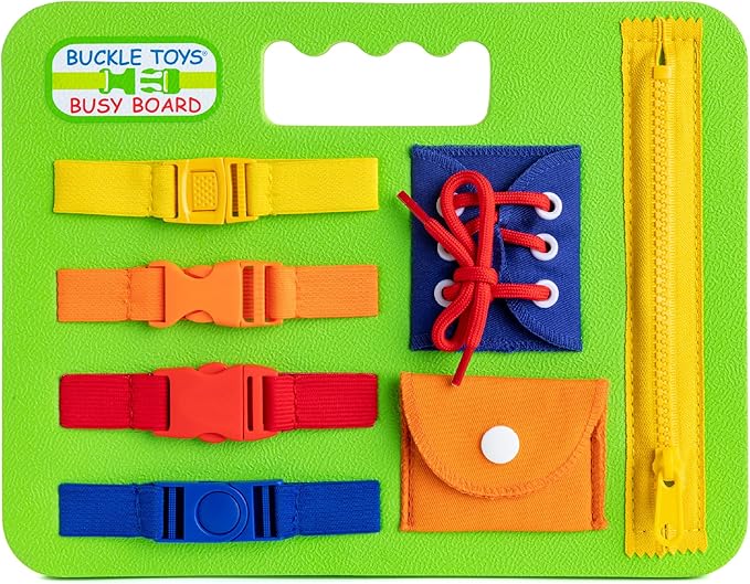 Buckle Toys Busy Board - Montessori Learning Toy for Toddlers Road Trip Essentials - Foam Sensory Board - Develop Fine Motor Skills - Green