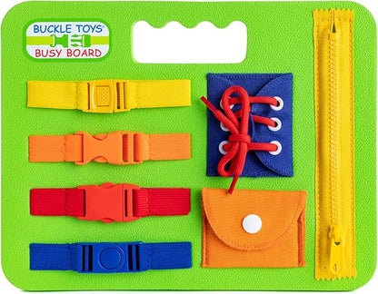 Buckle Toys Busy Board - Montessori Learning Toy for Toddlers Road Trip Essentials - Foam Sensory Board - Develop Fine Motor Skills - Green
