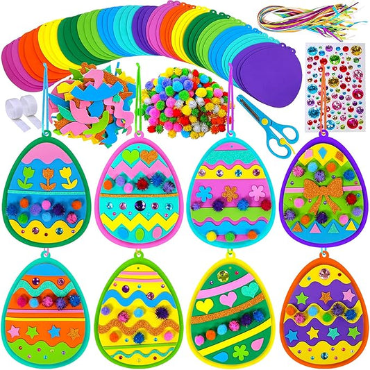 24 Sets Easter Egg Ornaments Decorations DIY 3D Easter Craft Kits Assorted Foam Easter Egg Shaped Ornaments Easter Stickers Pom-poms for Kids Party Favors Easter Spring Classroom Activity Art Project