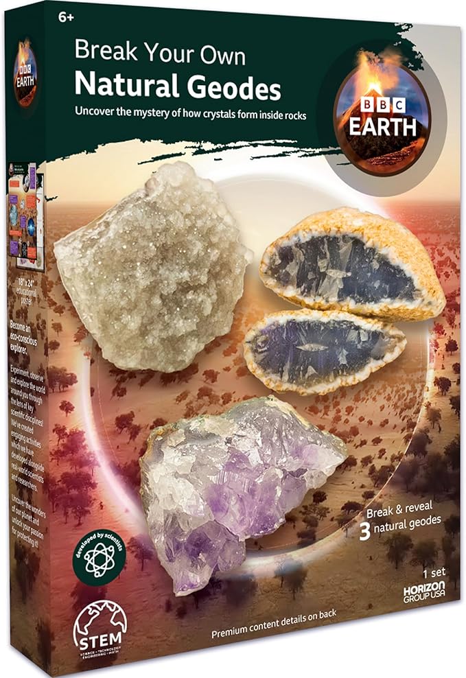 BBC Earth Break Your Own Natural Geodes, Open 3 Natural Geodes – Amethyst Flower, Agate & More, Detailed Learning Guide, Great Learning & Education Toys, Geodes for Kids to Break Open, STEM Kits