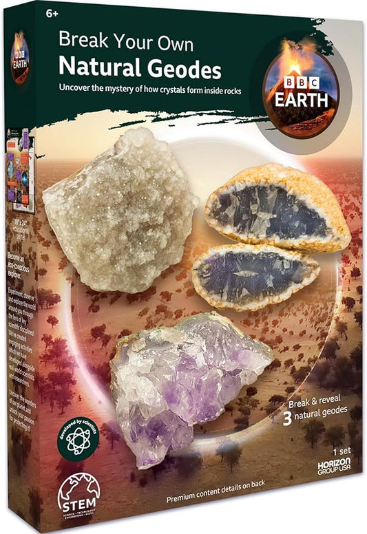 BBC Earth Break Your Own Natural Geodes, Open 3 Natural Geodes – Amethyst Flower, Agate & More, Detailed Learning Guide, Great Learning & Education Toys, Geodes for Kids to Break Open, STEM Kits